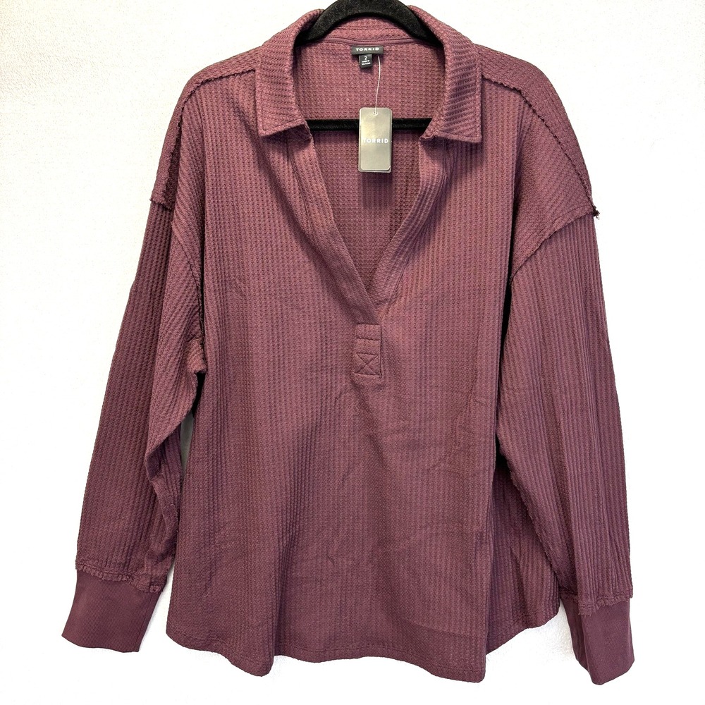 NWT Torrid Waffle Knit Thermal Shirt Womens 2X Purple‎ Collared Casual Comfy Top